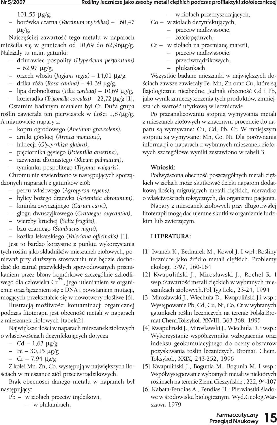 gatunki: dziurawiec pospolity (Hypericum perforatum) 62,97 µg/g, orzech włoski (Juglans regia) 14,01 µg/g, dzika róża (Rosa canina) 41,39 µg/g, lipa drobnolistna (Tilia cordata) 10,69 µg/g,