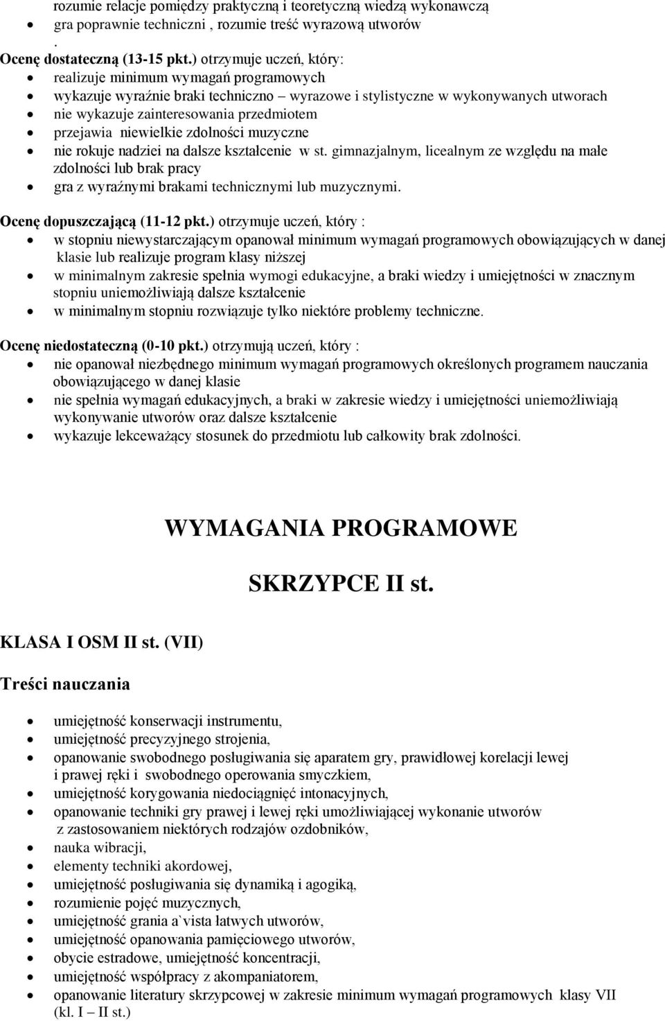 niewielkie zdolności muzyczne nie rokuje nadziei na dalsze kształcenie w st. gimnazjalnym, licealnym ze względu na małe zdolności lub brak pracy gra z wyraźnymi brakami technicznymi lub muzycznymi.