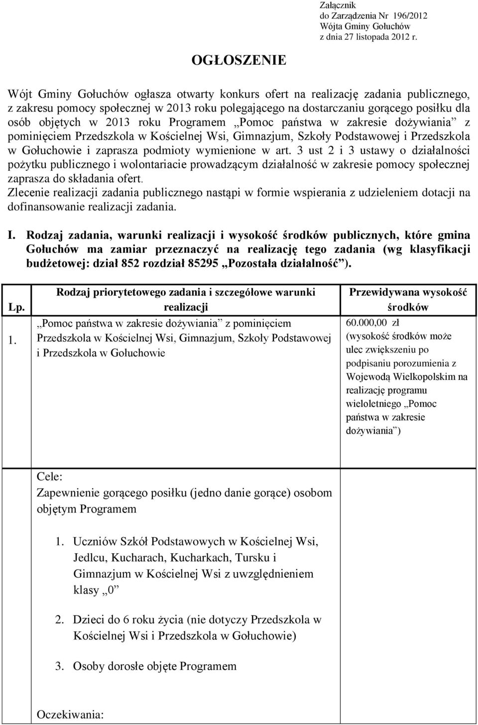 w 2013 roku Programem Pomoc państwa w zakresie dożywiania z pominięciem Przedszkola w Kościelnej Wsi, Gimnazjum, Szkoły Podstawowej i Przedszkola w Gołuchowie i zaprasza podmioty wymienione w art.
