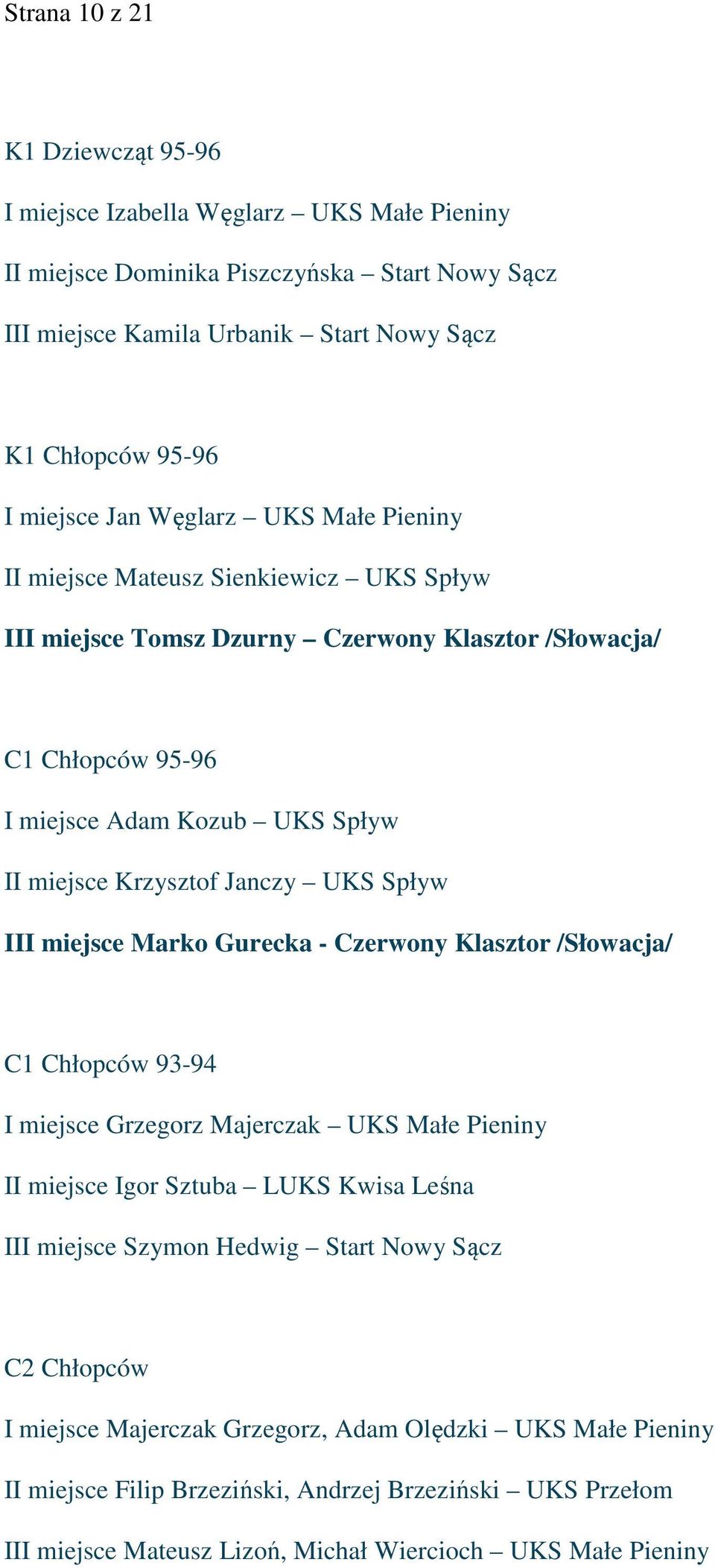 Janczy UKS Spływ III miejsce Marko Gurecka - Czerwony Klasztor /Słowacja/ C1 Chłopców 93-94 I miejsce Grzegorz Majerczak UKS Małe Pieniny II miejsce Igor Sztuba LUKS Kwisa Leśna III miejsce Szymon