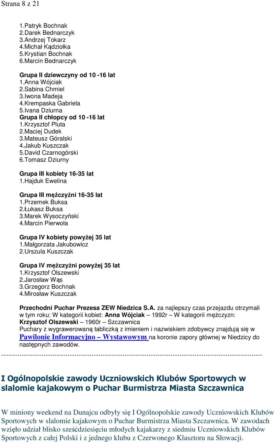 Tomasz Dziurny Grupa III kobiety 16-35 lat 1.Hajduk Ewelina Grupa III mężczyźni 16-35 lat 1.Przemek Buksa 2.Łukasz Buksa 3.Marek Wysoczyński 4.Marcin Pierwoła Grupa IV kobiety powyżej 35 lat 1.