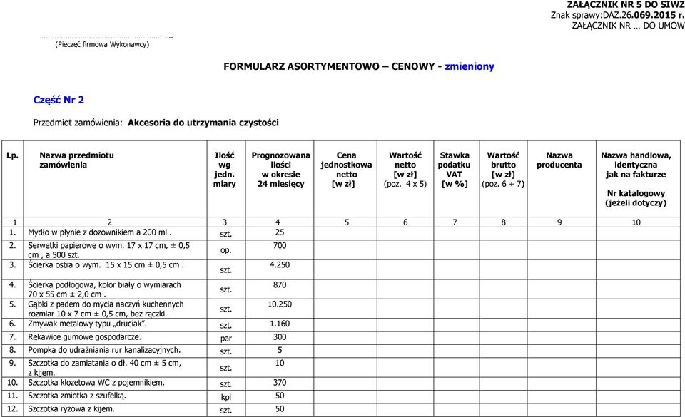 miary Prognozowana ilości w okresie 24 miesięcy Cena jednostkowa netto Wartość netto (poz. 4 x 5) Stawka podatku VAT [w %] Wartość brutto (poz.