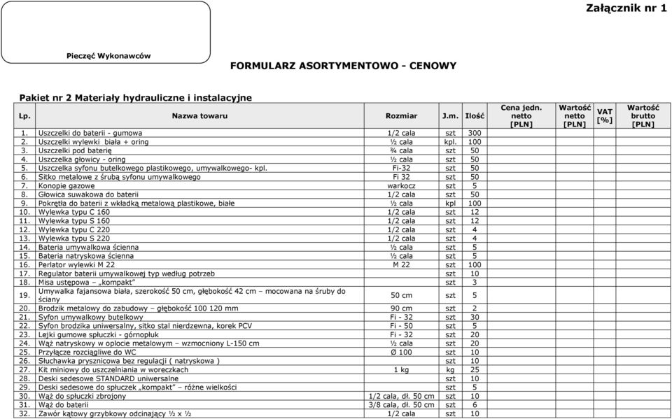 Uszczelka syfonu butelkowego plastikowego, umywalkowego- kpl. Fi-32 szt 50 6. Sitko metalowe z śrubą syfonu umywalkowego Fi 32 szt 50 7. Konopie gazowe warkocz szt 5 8.