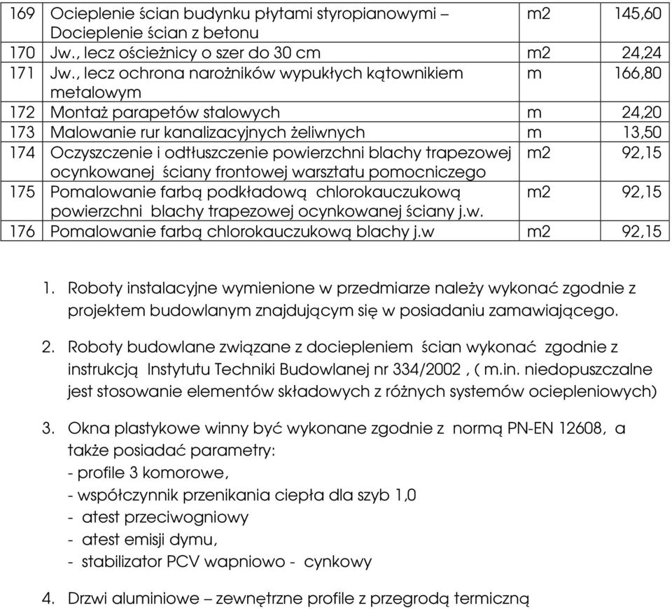 powierzchni blachy trapezowej m2 92,15 ocynkowanej ściany frontowej warsztatu pomocniczego 175 Pomalowanie farbą podkładową chlorokauczukową m2 92,15 powierzchni blachy trapezowej ocynkowanej ściany