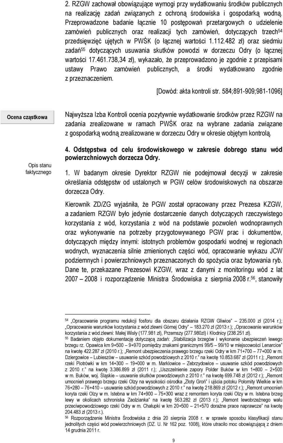 112.482 zł) oraz siedmiu zadań 55 dotyczących usuwania skutków powodzi w dorzeczu Odry (o łącznej wartości 17.461.