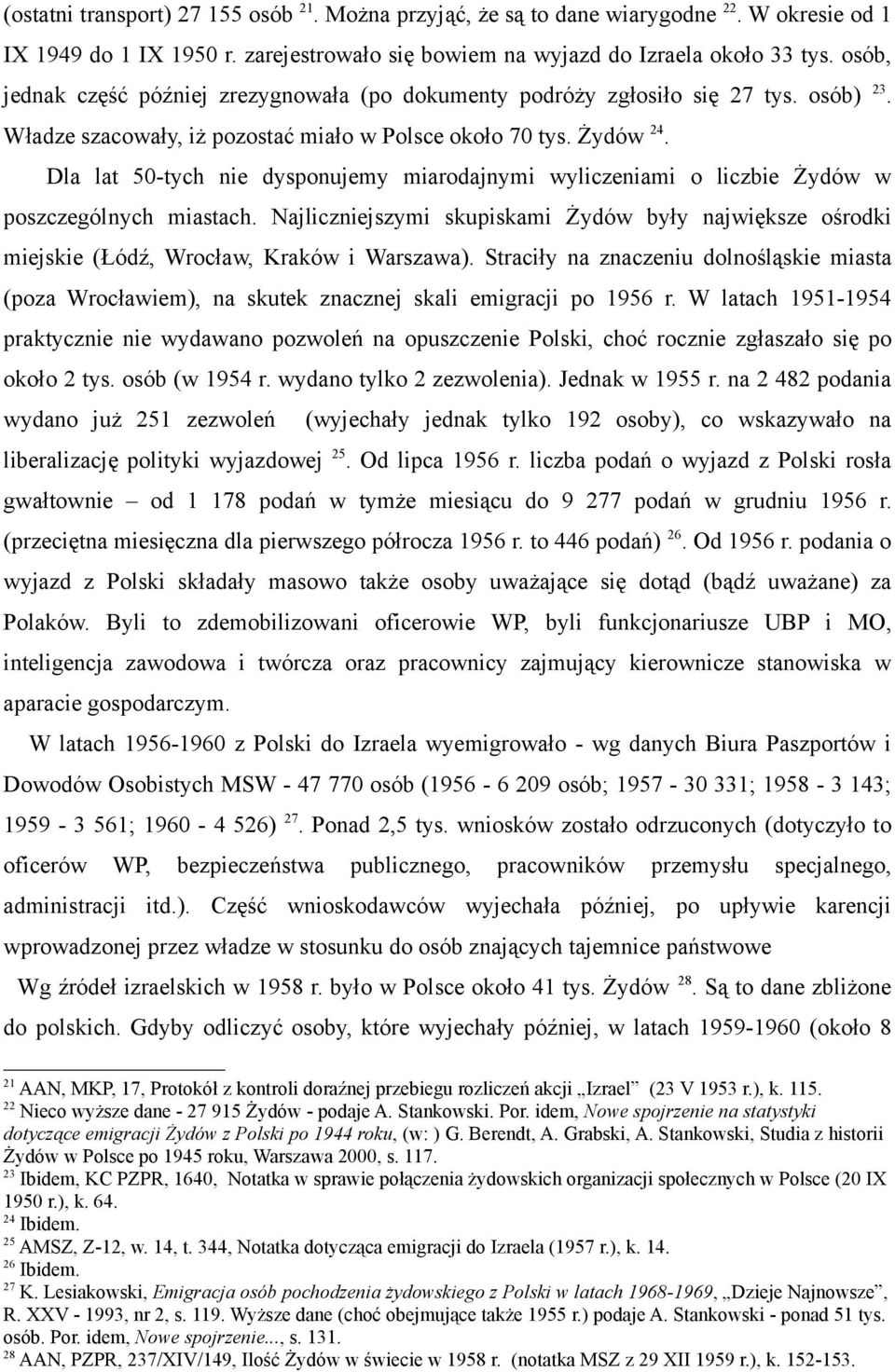 Dla lat 50-tych nie dysponujemy miarodajnymi wyliczeniami o liczbie Żydów w poszczególnych miastach.