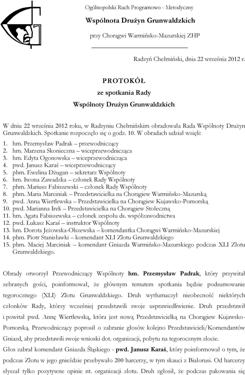 W obradach udział wzięli: 1. hm. Przemysław Padrak przewodniczący 2. hm. Marzena Skonieczna wiceprzewodnicząca 3. hm. Edyta Ogonowska wiceprzewodnicząca 4. pwd. Janusz Karaś wiceprzewodniczący 5. phm.