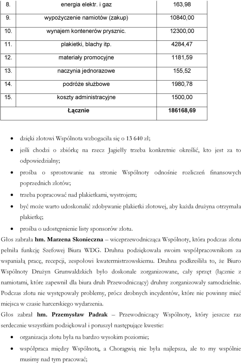 koszty administracyjne 1500,00 Łącznie 186168,69 dzięki zlotowi Wspólnota wzbogaciła się o 13 640 zł; jeśli chodzi o zbiórkę na rzecz Jagiełły trzeba konkretnie określić, kto jest za to
