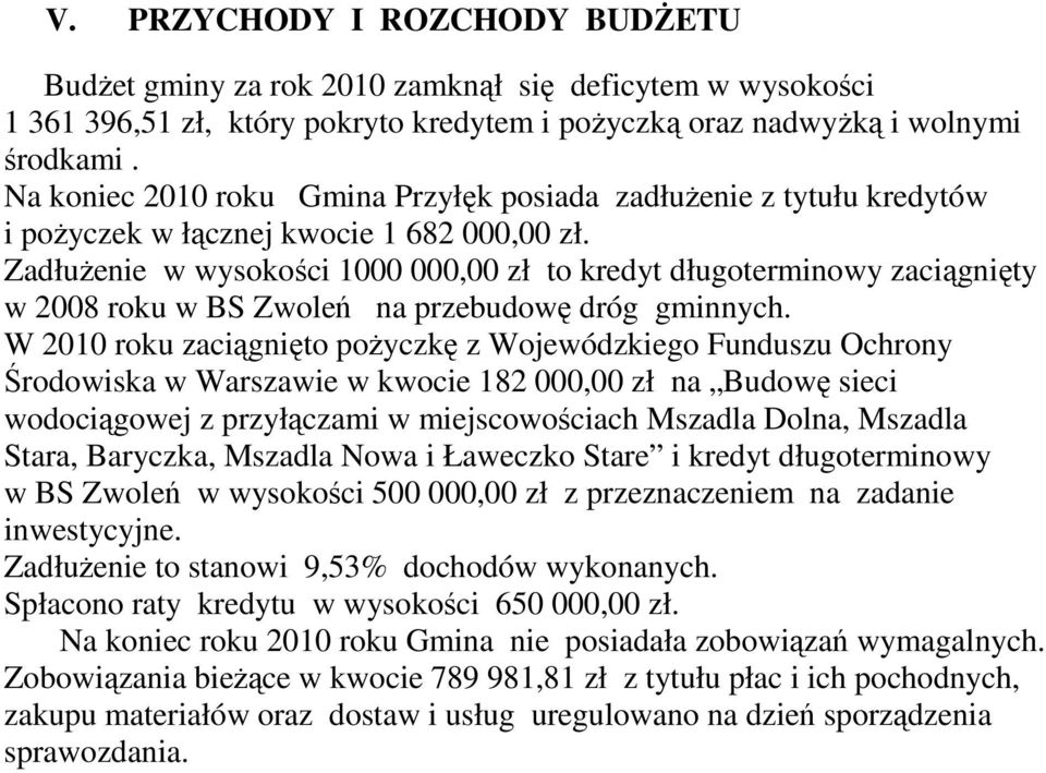 Zadłużenie w wysokości 1000 000,00 zł to kredyt długoterminowy zaciągnięty w 2008 roku w BS Zwoleń na przebudowę dróg gminnych.