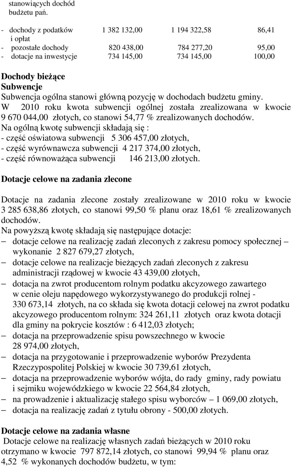 ogólna stanowi główną pozycję w dochodach budżetu gminy. W 2010 roku kwota subwencji ogólnej została zrealizowana w kwocie 9 670 044,00 złotych, co stanowi 54,77 % zrealizowanych dochodów.