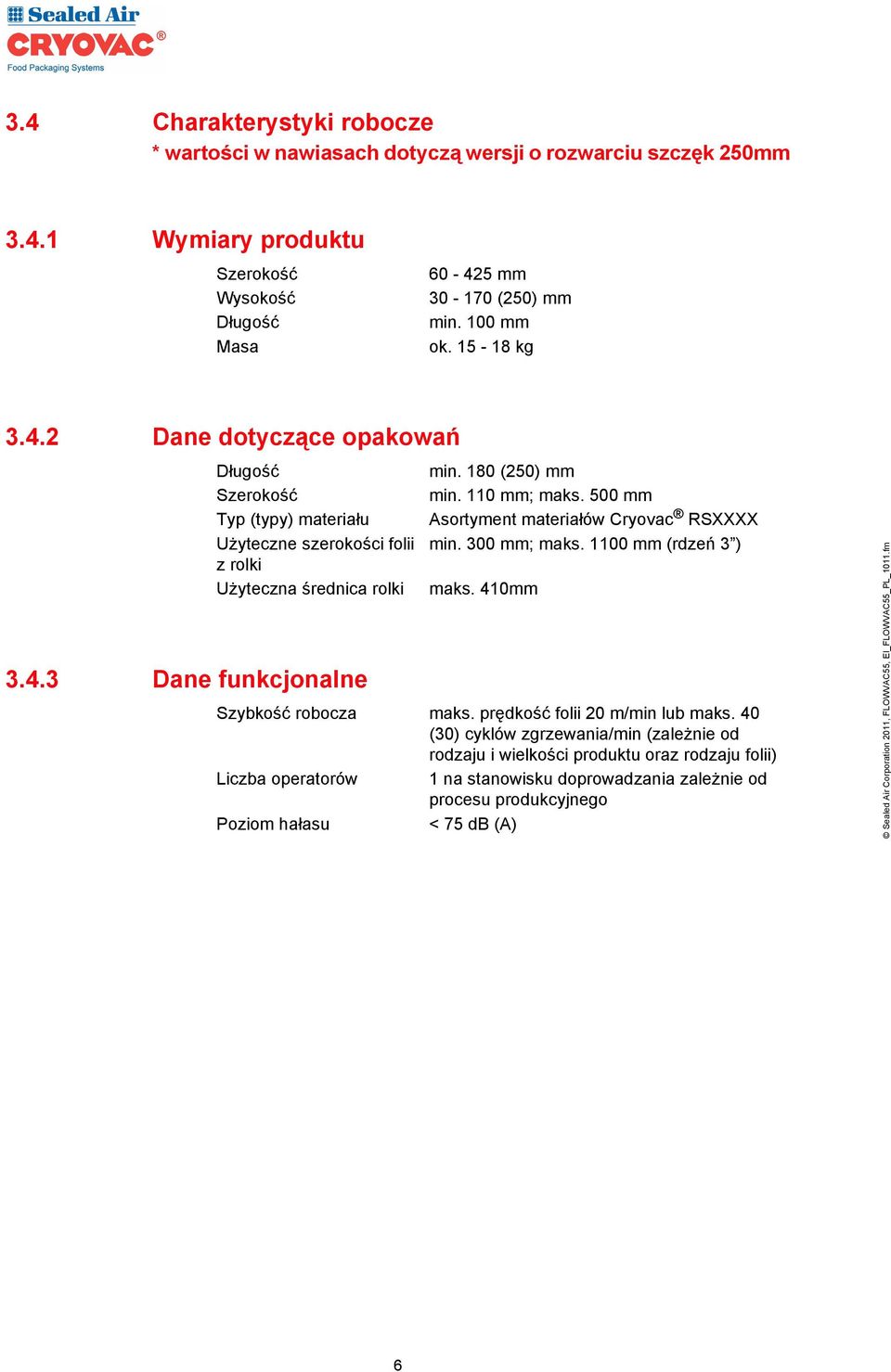 180 (250) mm min. 110 mm; maks. 500 mm Asortyment materiałów Cryovac RSXXXX min. 300 mm; maks. 1100 mm (rdzeń 3 ) maks. 410mm Szybkość robocza maks. prędkość folii 20 m/min lub maks.