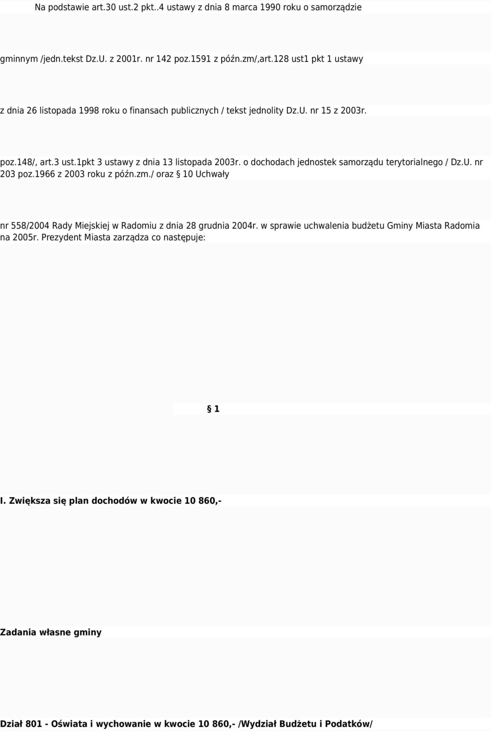 o dochodach jednostek samorządu terytorialnego / Dz.U. nr 203 poz.1966 z 2003 roku z późn.zm./ oraz 10 Uchwały nr 558/2004 Rady Miejskiej w Radomiu z dnia 28 grudnia 2004r.
