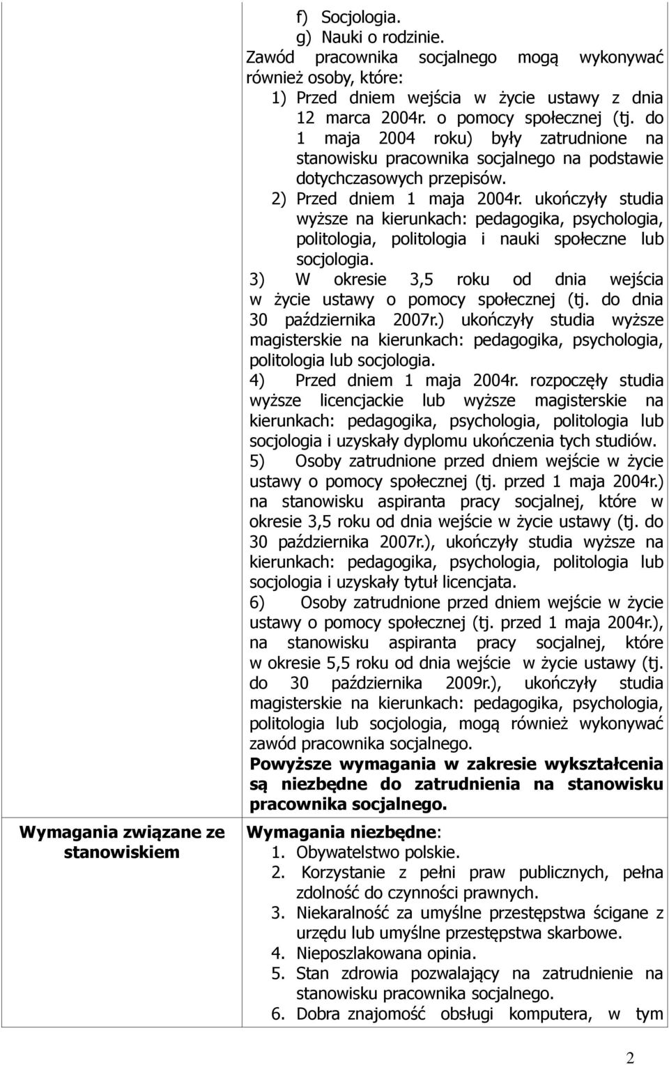 ukończyły studia wyższe na kierunkach: pedagogika, psychologia, politologia, politologia i nauki społeczne lub socjologia. 3) W okresie 3,5 roku od dnia wejścia w życie ustawy o pomocy społecznej (tj.