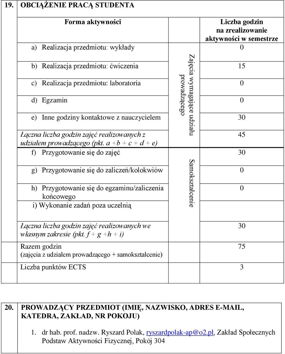 0 d) Egzamin 0 e) Inne godziny kontaktowe z nauczycielem 30 Łączna liczba godzin zajęć realizowanych z udziałem prowadzącego (pkt.