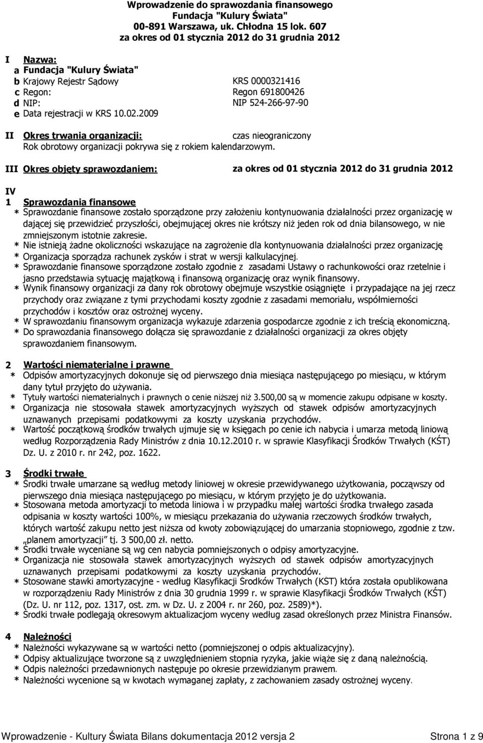 2009 KRS 0000321416 Regon 691800426 NIP 524-266-97-90 II Okres trwania organizacji: czas nieograniczony Rok obrotowy organizacji pokrywa się z rokiem kalendarzowym.