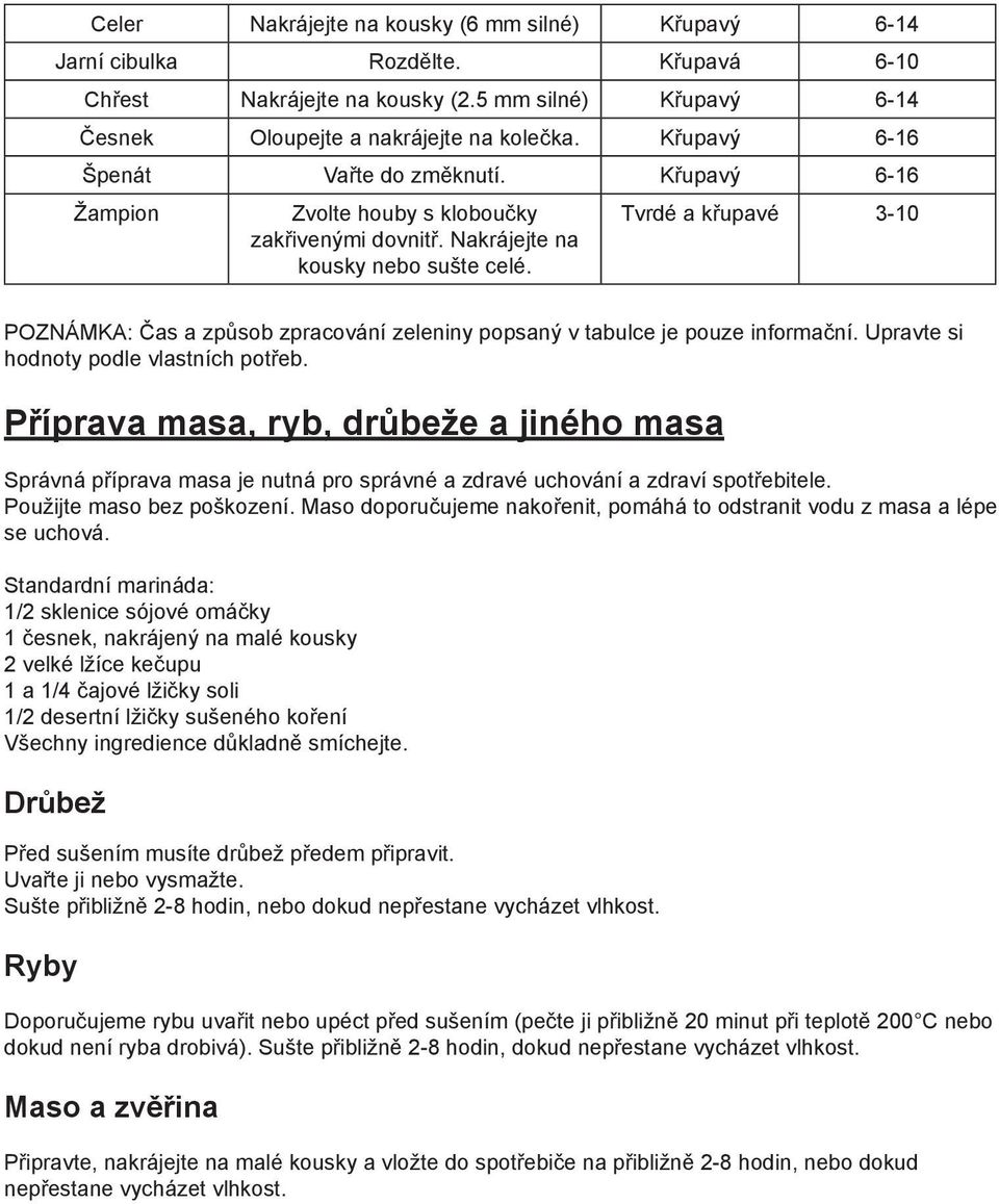 Tvrdé a křupavé 3-10 POZNÁMKA: Čas a způsob zpracování zeleniny popsaný v tabulce je pouze informační. Upravte si hodnoty podle vlastních potřeb.