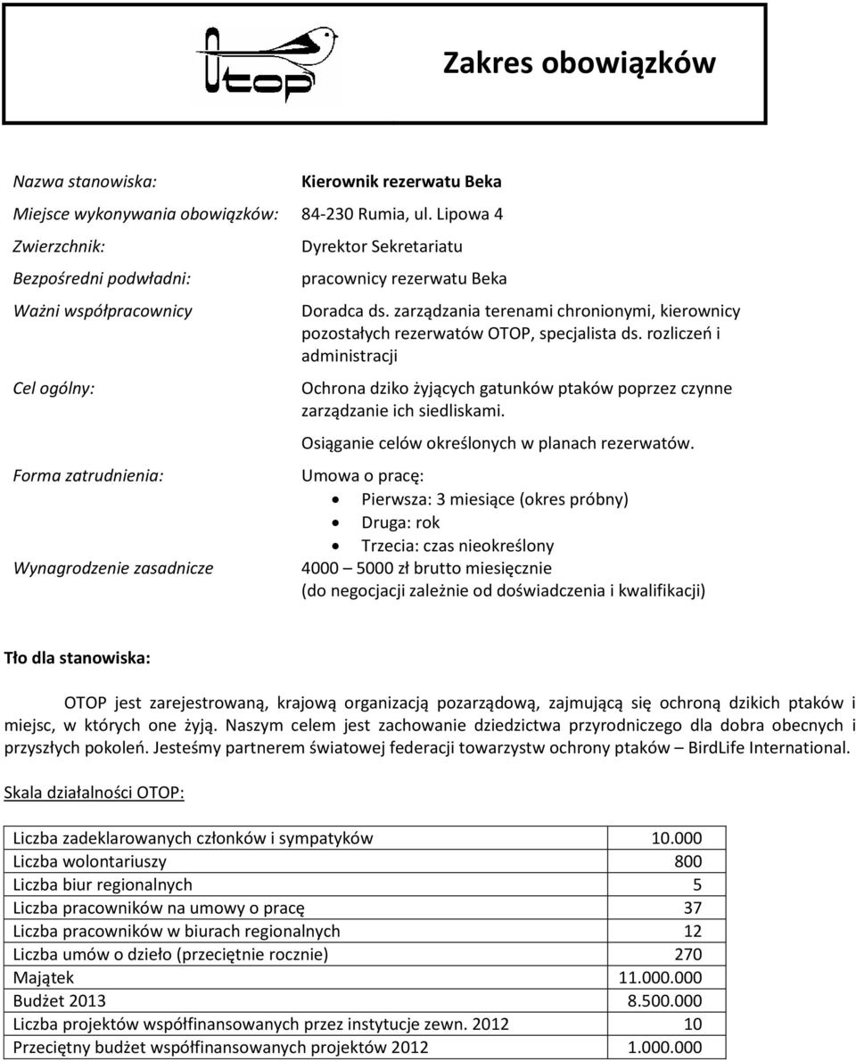 zarządzania terenami chronionymi, kierownicy pozostałych rezerwatów OTOP, specjalista ds. rozliczeń i administracji Ochrona dziko żyjących gatunków ptaków poprzez czynne zarządzanie ich siedliskami.