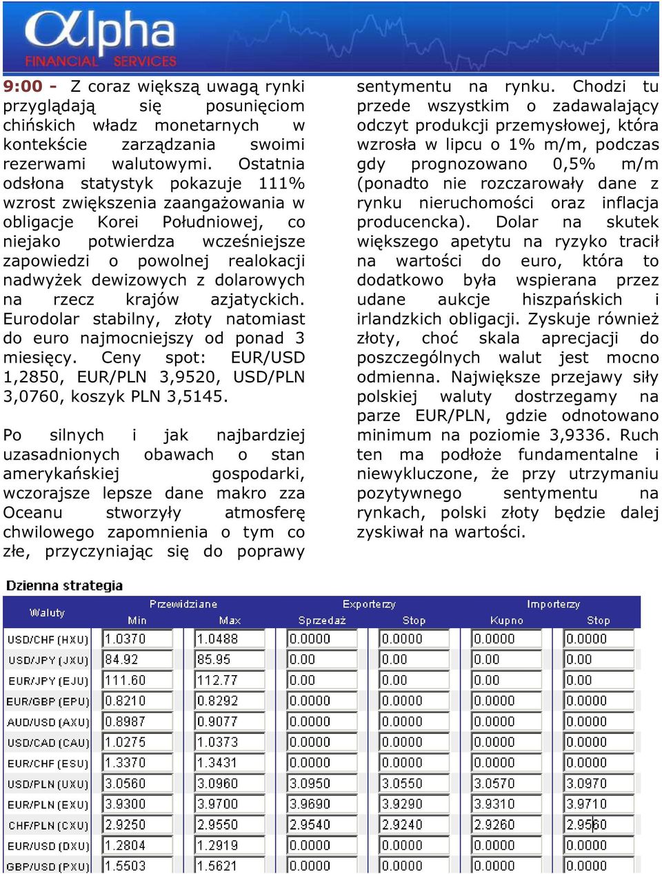 rzecz krajów azjatyckich. Eurodolar stabily, złoty atomiast do euro ajmociejszy od poad 3 miesięcy. Cey spot: EUR/USD 1,2850, EUR/PLN 3,9520, USD/PLN 3,0760, koszyk PLN 3,5145.