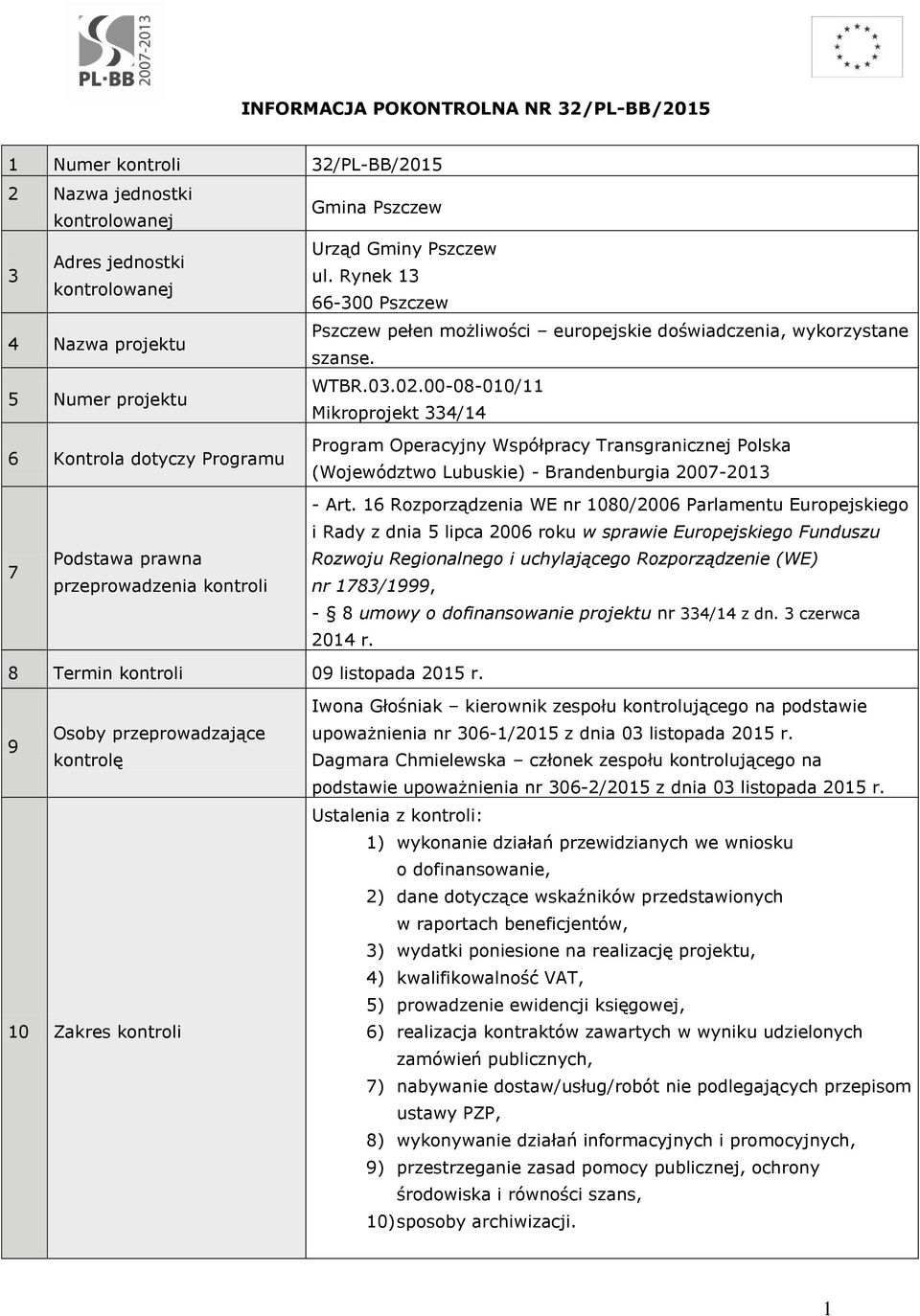 00-08-010/11 Mikroprojekt 334/14 6 Kontrola dotyczy Programu Program Operacyjny Współpracy Transgranicznej Polska (Województwo Lubuskie) - Brandenburgia 2007-2013 - Art.