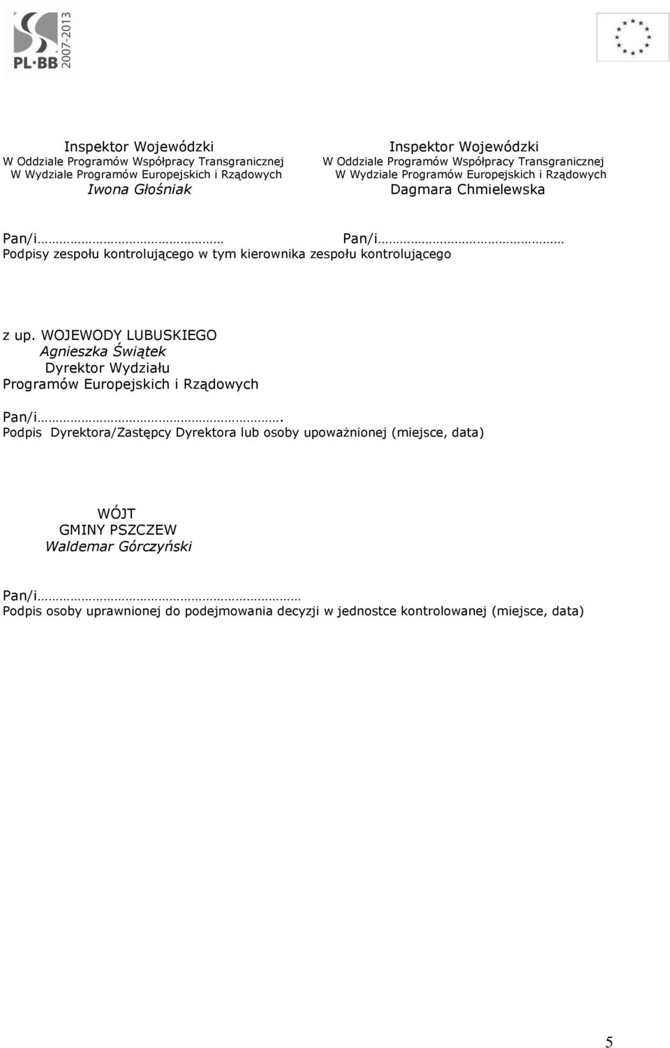 zespołu kontrolującego z up. WOJEWODY LUBUSKIEGO Agnieszka Świątek Dyrektor Wydziału Programów Europejskich i Rządowych Pan/i.