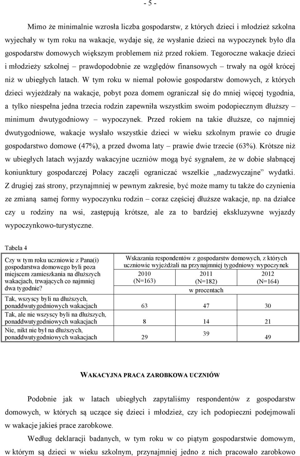 W tym roku w niemal połowie gospodarstw domowych, z których dzieci wyjeżdżały na wakacje, pobyt poza domem ograniczał się do mniej więcej tygodnia, a tylko niespełna jedna trzecia rodzin zapewniła