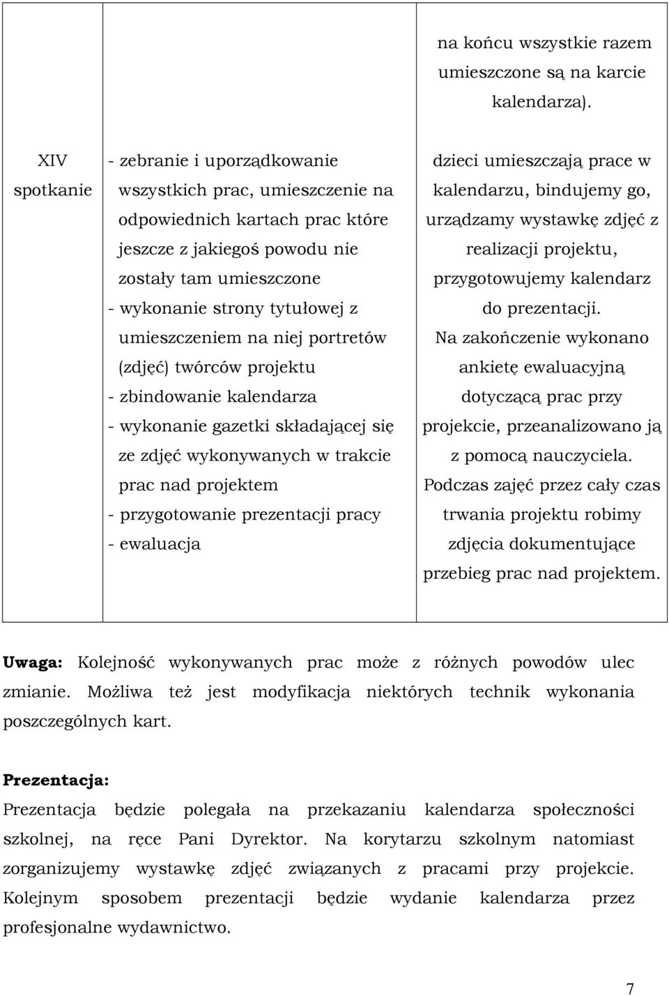 niej portretów (zdjęć) twórców projektu - zbindowanie kalendarza - wykonanie gazetki składającej się ze zdjęć wykonywanych w trakcie prac nad projektem - przygotowanie prezentacji pracy - ewaluacja