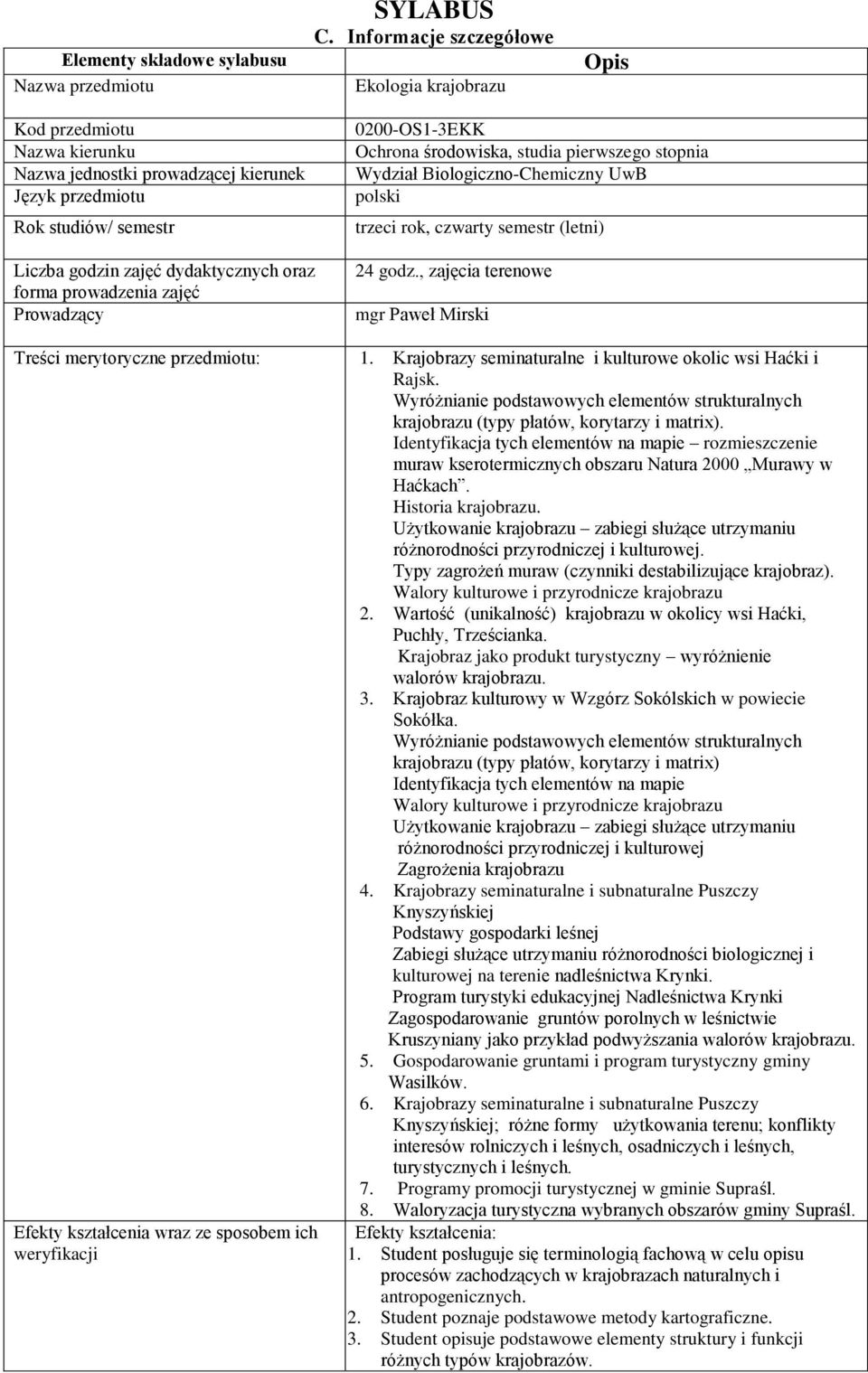 prowadzenia zajęć Prowadzący 0200-OS1-3EKK Ochrona środowiska, studia pierwszego stopnia Wydział Biologiczno-Chemiczny UwB polski trzeci rok, czwarty semestr (letni) 24 godz.