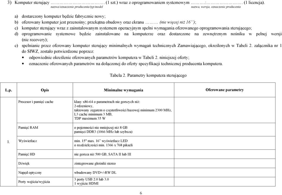 więcej niż 16 ); c) komputer sterujący wraz z zainstalowanym systemem operacyjnym spełni wymagania oferowanego oprogramowania sterującego; d) oprogramowanie systemowe będzie zainstalowane na