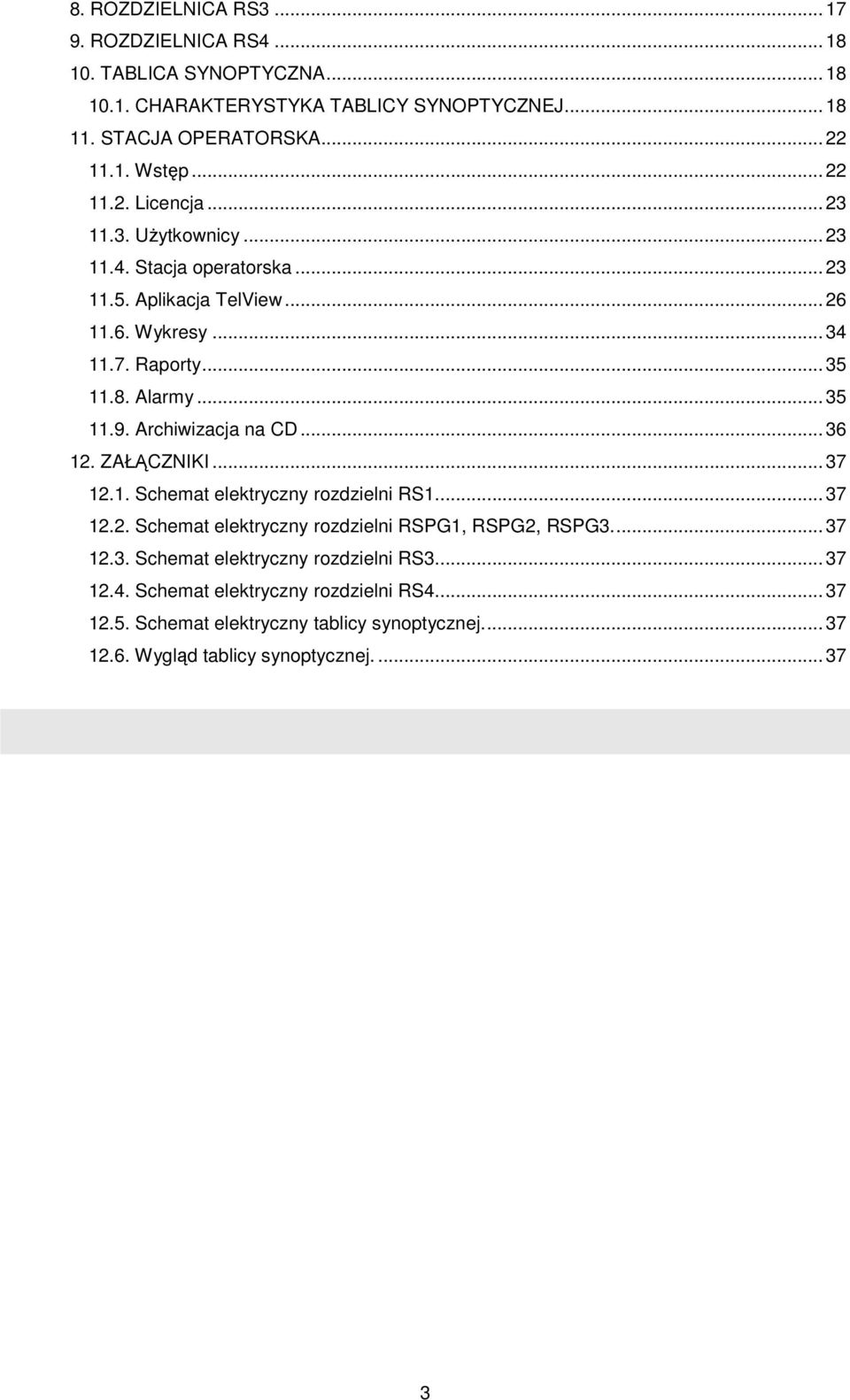 Archiwizacja na CD...36 12. ZAŁĄCZNIKI...37 12.1. Schemat elektryczny rozdzielni RS1...37 12.2. Schemat elektryczny rozdzielni RSPG1, RSPG2, RSPG3...37 12.3. Schemat elektryczny rozdzielni RS3.