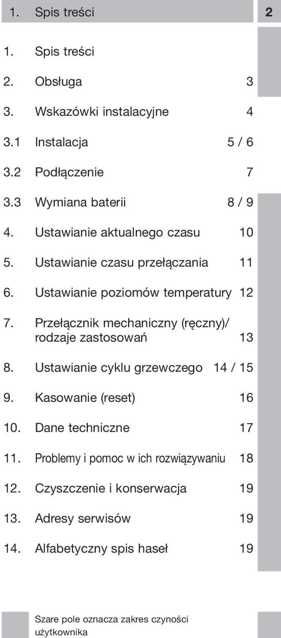 Ustawianie poziomów temperatury 12 7. Przełącznik mechaniczny (ręczny)/ rodzaje zastosowań 13 8. Ustawianie cyklu grzewczego 14 / 15 9.