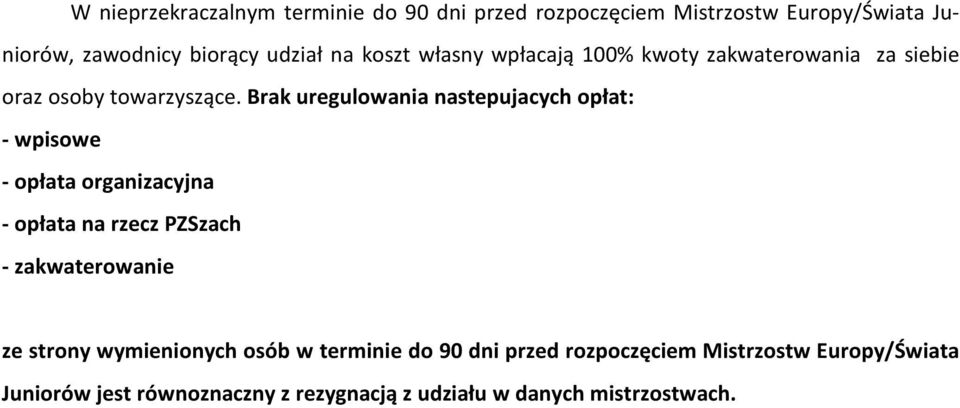 Brak uregulowania nastepujacych opùat: - wpisowe - opùata organizacyjna - opùata na rzecz PZSzach - zakwaterowanie ze