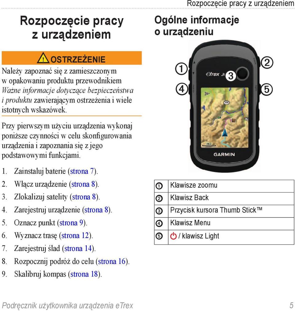 Zainstaluj baterie (strona 7). 2. Włącz urządzenie (strona 8). 3. Zlokalizuj satelity (strona 8). 4. Zarejestruj urządzenie (strona 8). 5. Oznacz punkt (strona 9). 6. Wyznacz trasę (strona 12). 7. Zarejestruj ślad (strona 14).