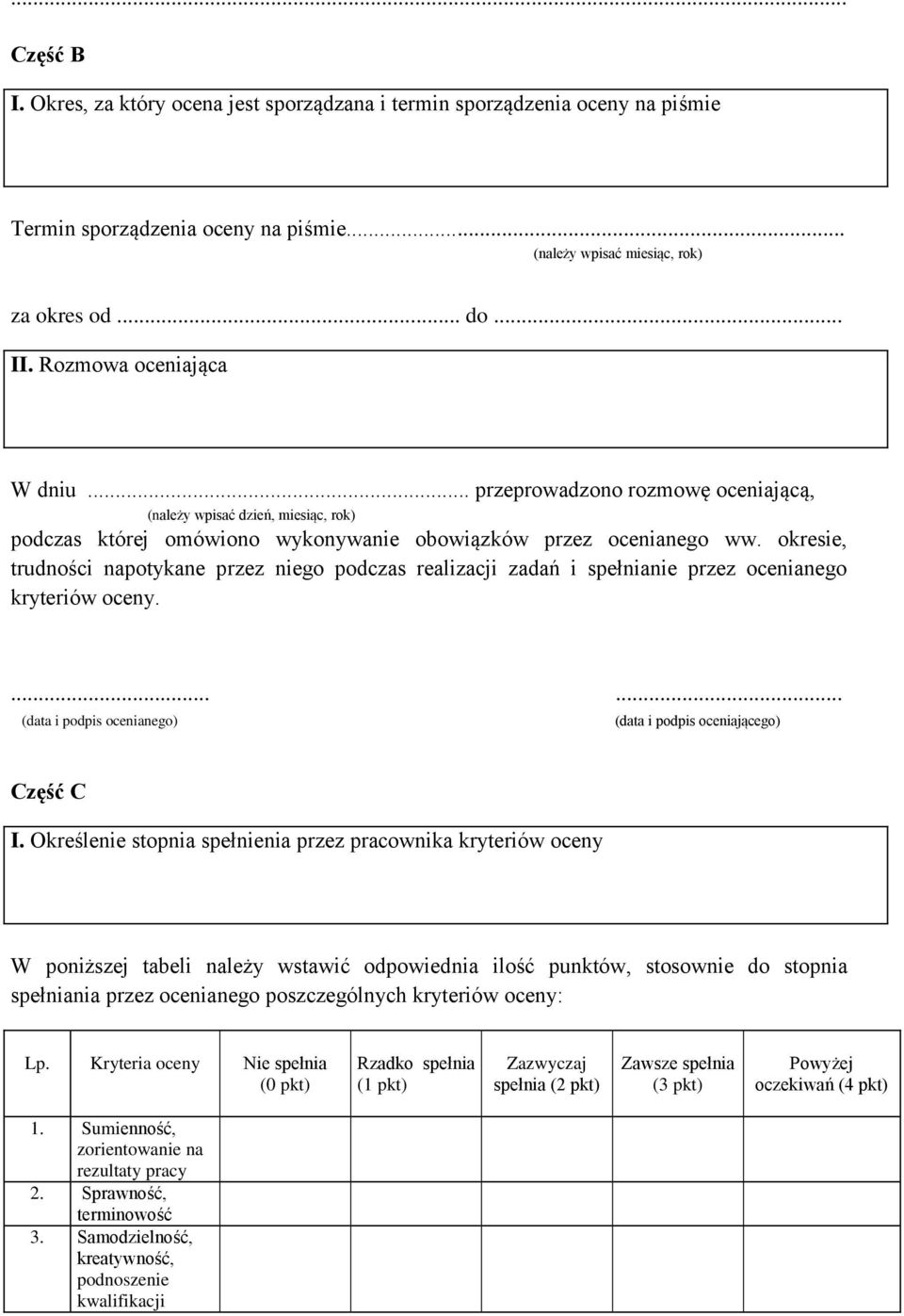 okresie, trudności napotykane przez niego podczas realizacji zadań i spełnianie przez ocenianego kryteriów oceny....... (data i podpis ocenianego) (data i podpis oceniającego) Część C I.
