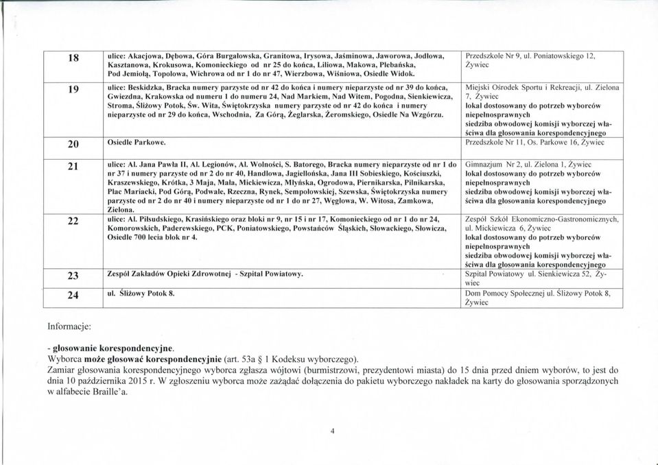 Poniatowskiego 12, 19 ulice: Beskidzka, Bracka numery parzyste od nr 42 do korica i numery nieparzyste od nr 39 do korica, Miejski Osrodek Sportu i Rekreacji, ut.