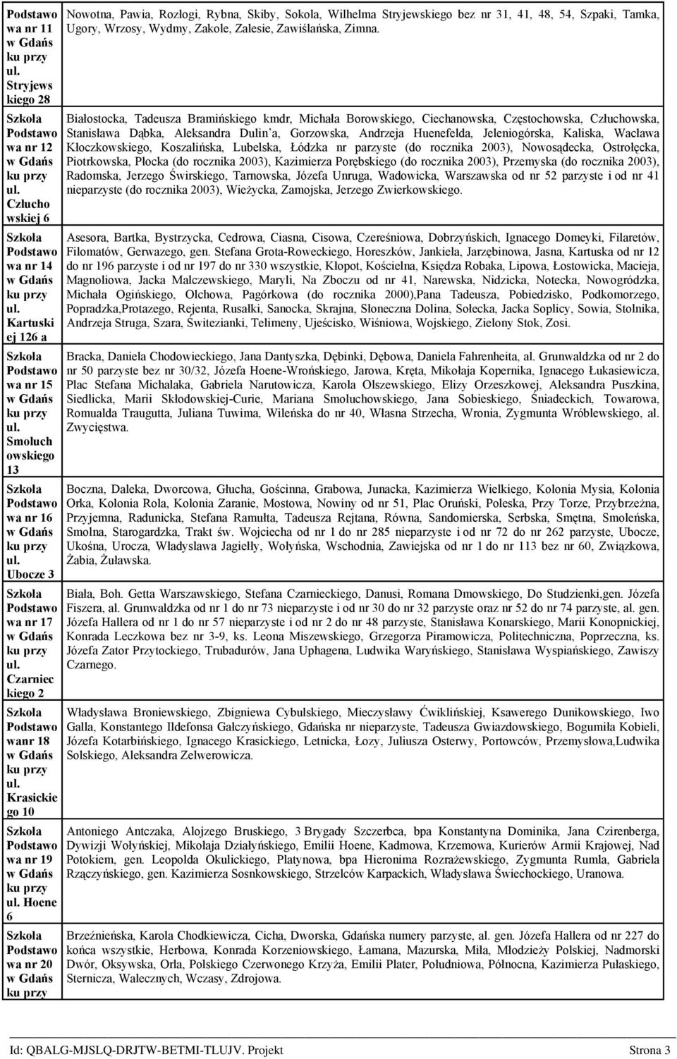 Białostocka, Tadeusza Bramińskiego kmdr, Michała Borowskiego, Ciechanowska, Częstochowska, Człuchowska, Stanisława Dąbka, Aleksandra Dulin a, Gorzowska, Andrzeja Huenefelda, Jeleniogórska, Kaliska,