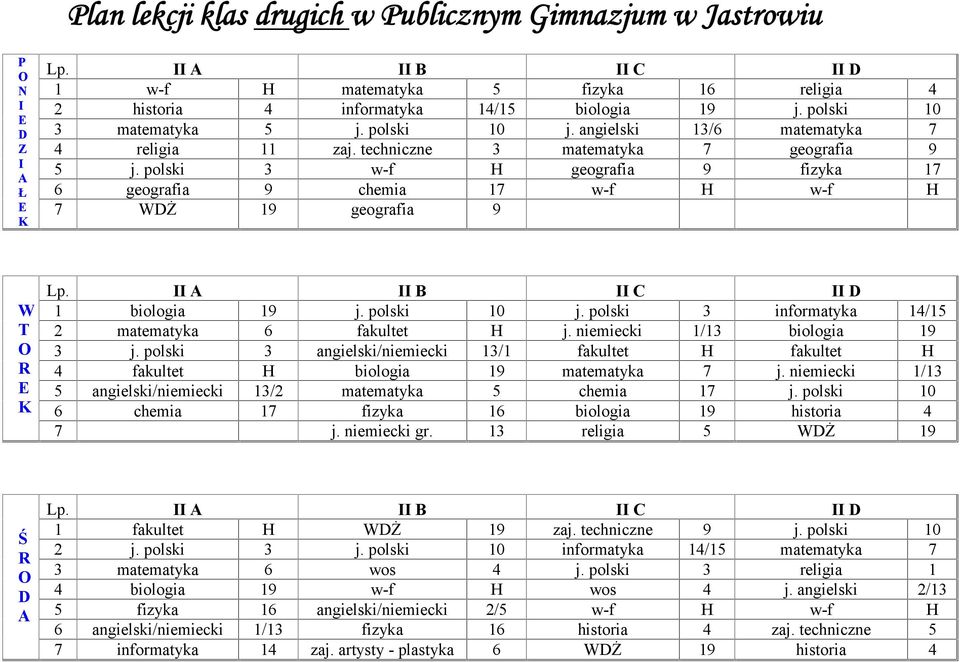 B C 1 biologia 19 j. polski 10 j. polski 3 informatyka 14/15 2 matematyka 6 fakultet H j. niemiecki 1/13 biologia 19 3 j.