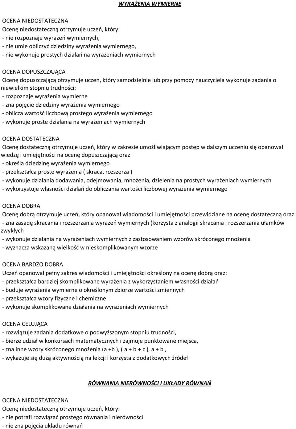 przekształca proste wyrażenia ( skraca, rozszerza ) - wykonuje działania dodawania, odejmowania, mnożenia, dzielenia na prostych wyrażeniach wymiernych - wykorzystuje własności działań do obliczania