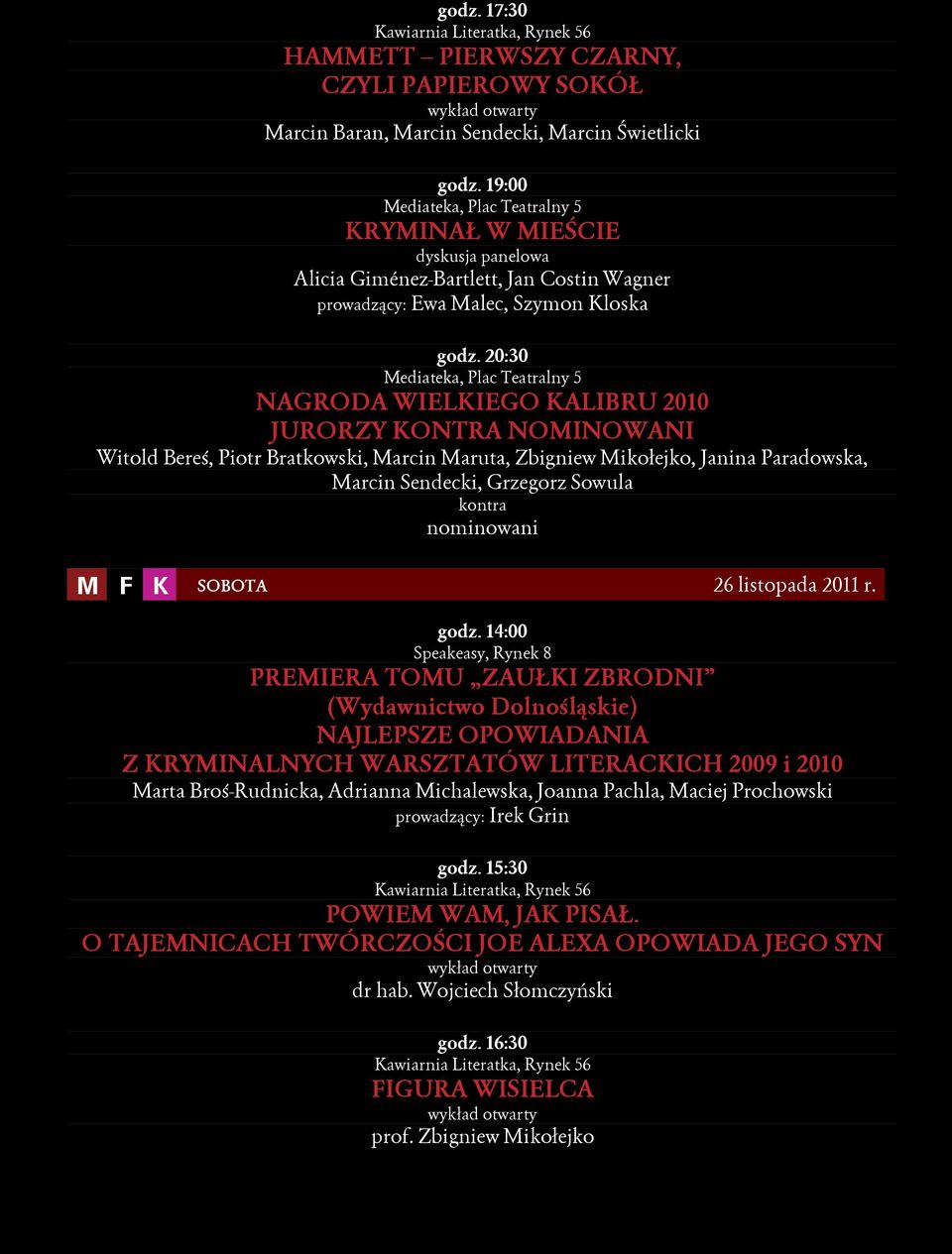 KONTRA NOMINOWANI Witold Bereś, Piotr Bratkowski, Marcin Maruta, Zbigniew Mikołejko, Janina Paradowska, Marcin Sendecki, Grzegorz Sowula kontra nominowani M F K SOBOTA 26 listopada 2011 r. godz.