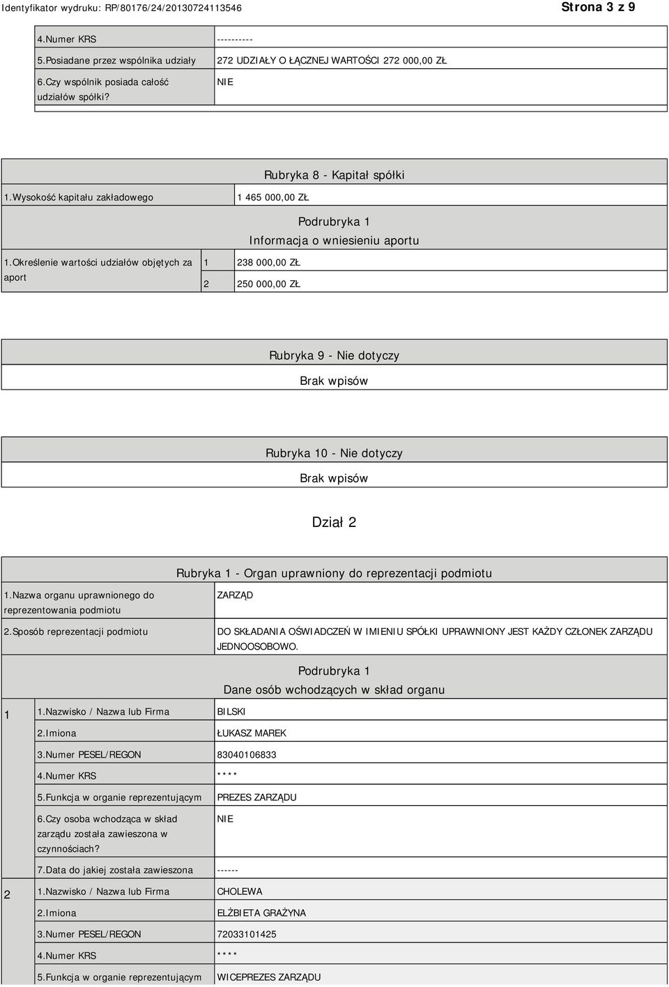 Określenie wartości udziałów objętych za aport 1 238 000,00 ZŁ 2 250 000,00 ZŁ Rubryka 9 - Nie dotyczy Rubryka 10 - Nie dotyczy Dział 2 Rubryka 1 - Organ uprawniony do reprezentacji podmiotu 1.