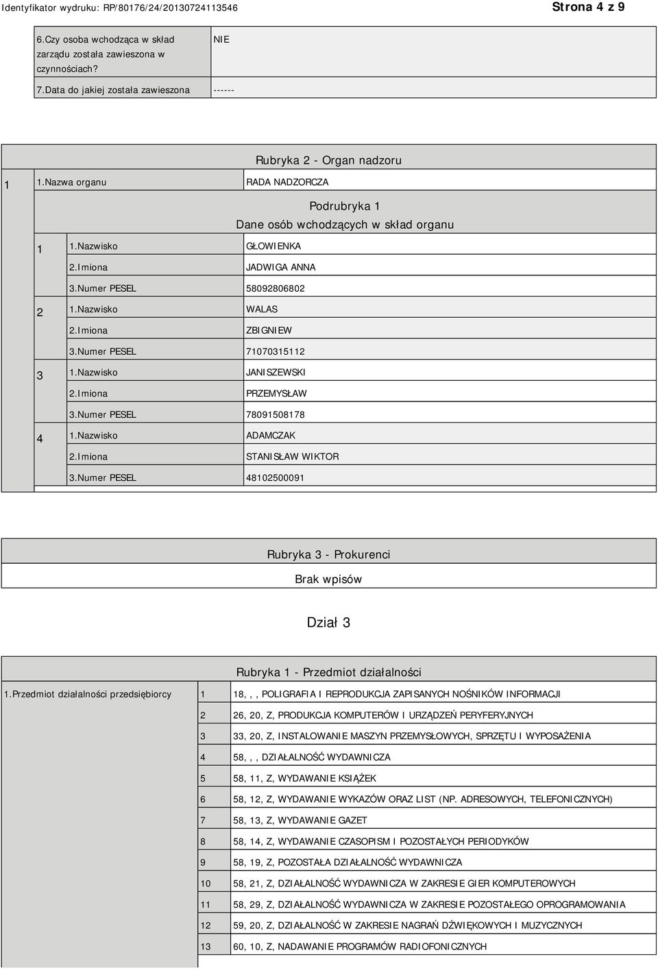 Nazwisko JANISZEWSKI PRZEMYSŁAW 3.Numer PESEL 78091508178 4 1.Nazwisko ADAMCZAK STANISŁAW WIKTOR 3.Numer PESEL 48102500091 Rubryka 3 - Prokurenci Dział 3 Rubryka 1 - Przedmiot działalności 1.