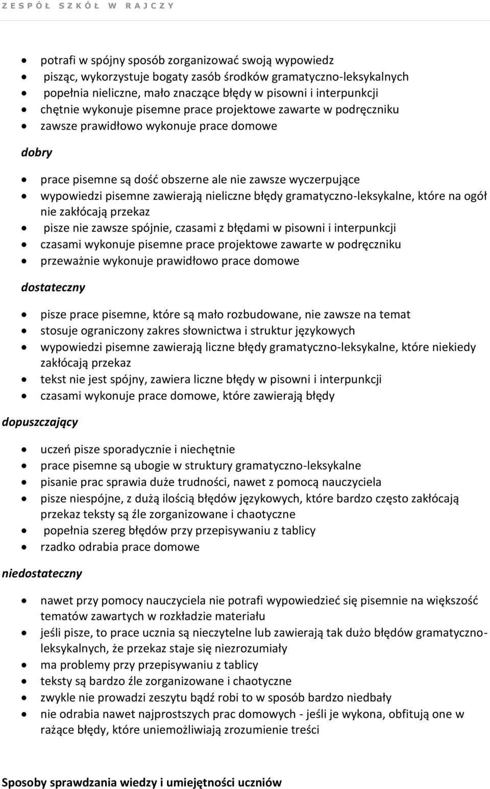 błędy gramatyczno-leksykalne, które na ogół nie zakłócają przekaz pisze nie zawsze spójnie, czasami z błędami w pisowni i interpunkcji czasami wykonuje pisemne prace projektowe zawarte w podręczniku