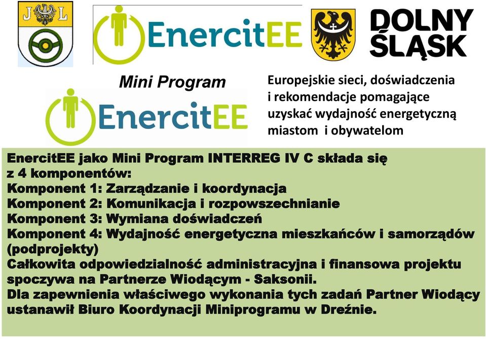 doświadczeń Komponent 4: Wydajność energetyczna mieszkańców i samorządów (podprojekty) Całkowita odpowiedzialność administracyjna i finansowa projektu