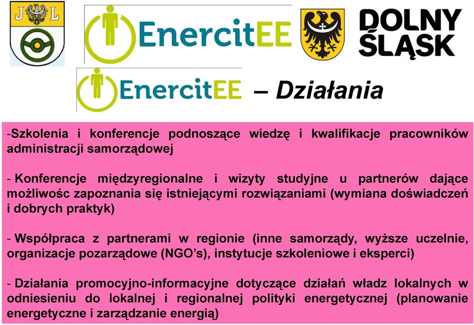 w regionie (inne samorządy, wyższe uczelnie, organizacje pozarządowe (NGO s), instytucje szkoleniowe i eksperci) - Działania