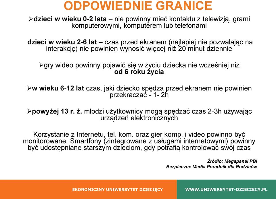 ekranem nie powinien przekraczać - 1-2h powyżej 13 r. ż. młodzi użytkownicy mogą spędzać czas 2-3h używając urządzeń elektronicznych Korzystanie z Internetu, tel. kom. oraz gier komp.