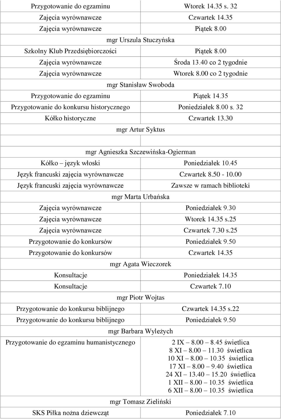 30 mgr Artur Syktus mgr Agnieszka Szczewińska-Ogierman Kółko język włoski Poniedziałek 10.45 Język francuski zajęcia wyrównawcze Czwartek 8.50-10.