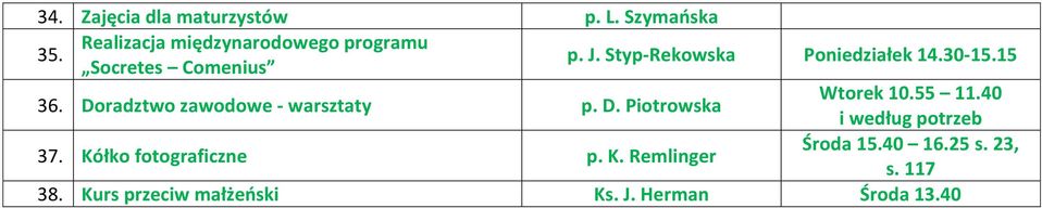 Styp-Rekowska Poniedziałek 14.30-15.15 36. Doradztwo zawodowe - warsztaty p. D. Piotrowska Wtorek 10.