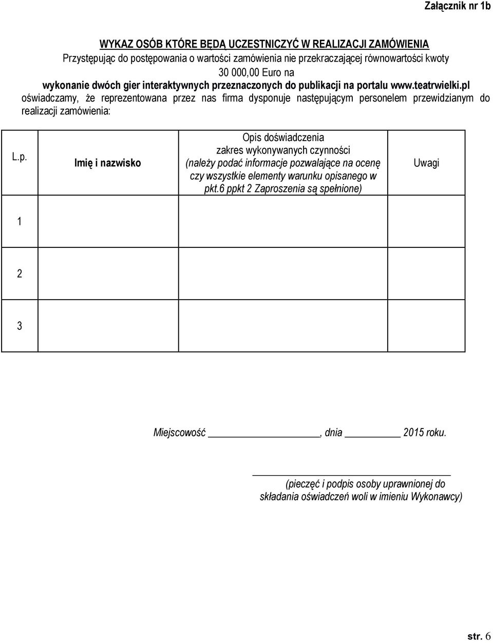 pl oświadczamy, że reprezentowana przez nas firma dysponuje następującym personelem przewidzianym do realizacji zamówienia: L.p. Imię i nazwisko Opis doświadczenia zakres wykonywanych czynności (należy podać informacje pozwalające na ocenę czy wszystkie elementy warunku opisanego w pkt.