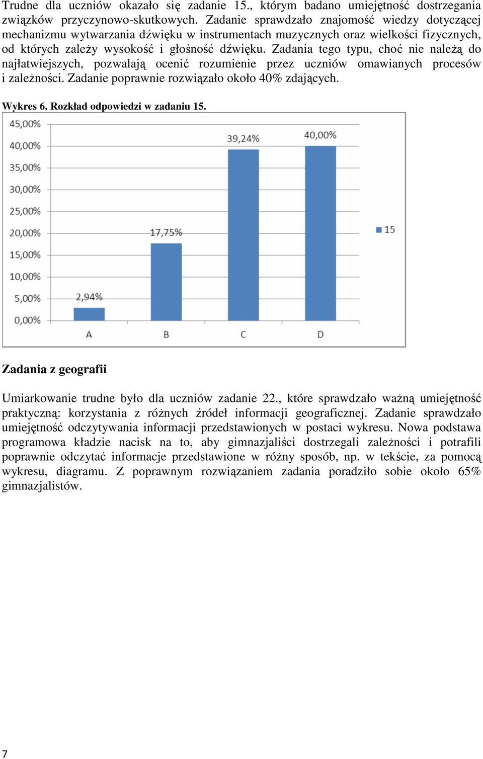 Zadania tego typu, choć nie naleŝą do najłatwiejszych, pozwalają ocenić rozumienie przez uczniów omawianych procesów i zaleŝności. Zadanie poprawnie rozwiązało około 40% zdających. Wykres 6.