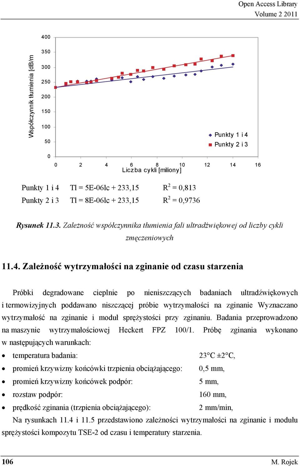 Zale no ć wytrzymało ci na zginanie od czasu starzenia Próbki degradowane cieplnie po nieniszcz cych badaniach ultrad wi kowych i termowizyjnych poddawano niszcz cej próbie wytrzymało ci na zginanie