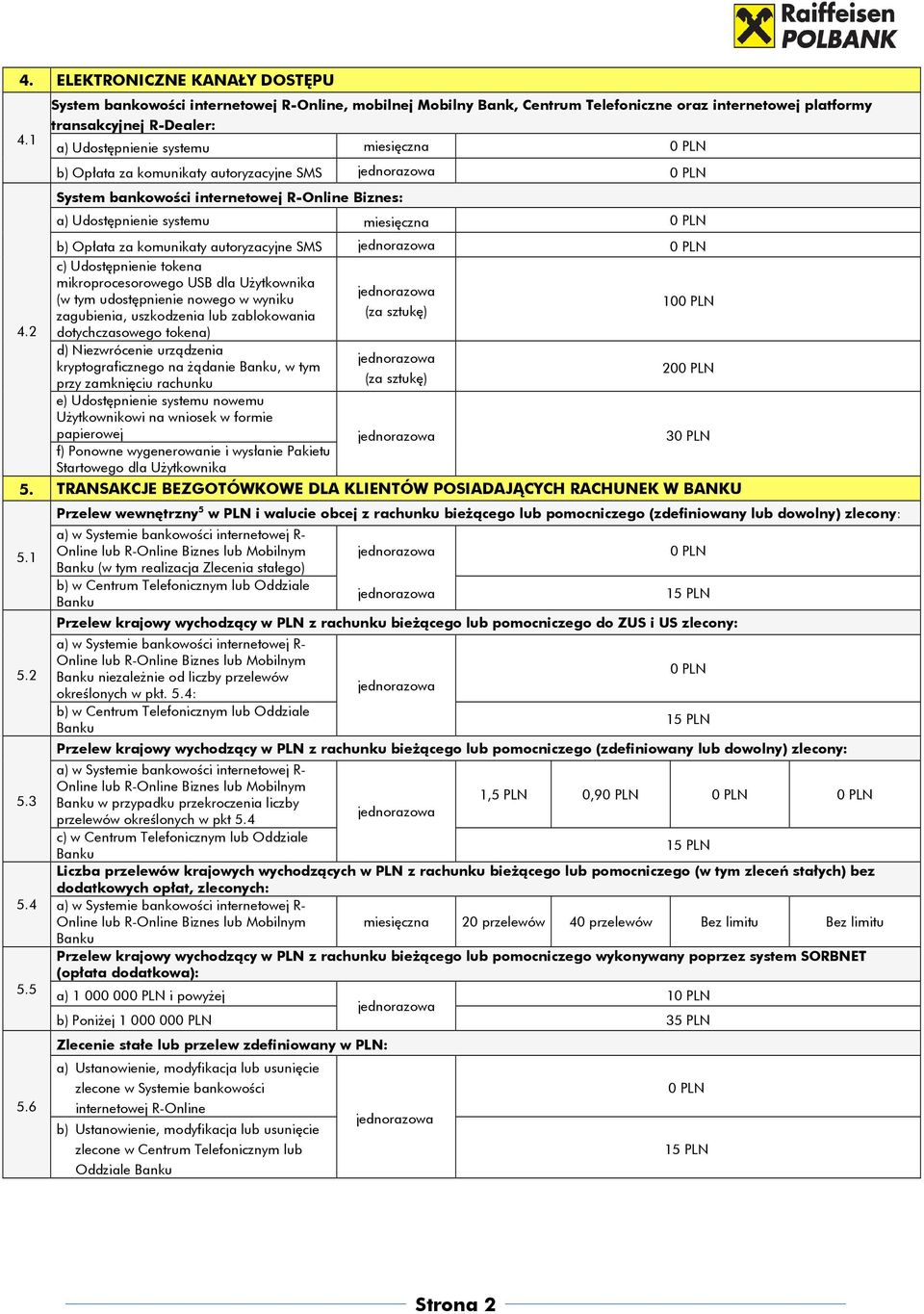 autoryzacyjne SMS System bankowości internetowej R-Online Biznes: a) Udostępnienie systemu miesięczna b) Opłata za komunikaty autoryzacyjne SMS c) Udostępnienie tokena mikroprocesorowego USB dla